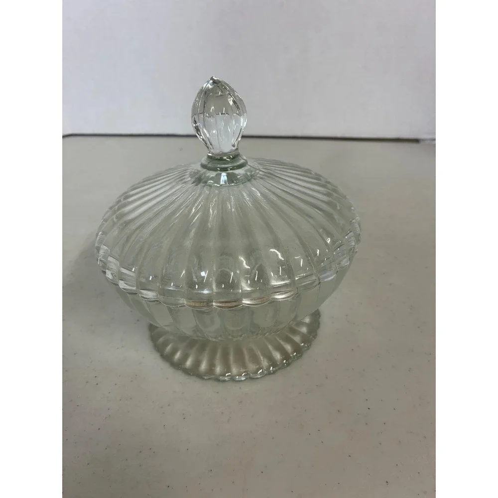 Vintage Clear Ribbed Pressed Glass Footed Candy Dish with Lid Scalloped Pedestal